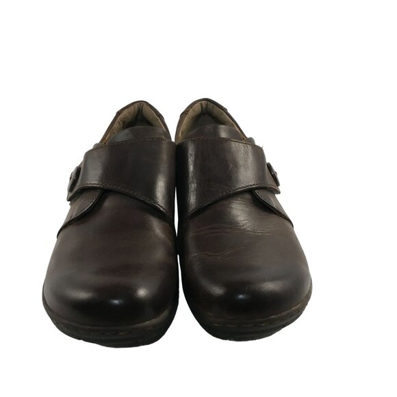 B.O.C BORN BROWN LEATHER ADJUSTABLE STRAP BUTTON SLIP ON COMFORT CLOGS WOMENS SI - Picture 2 of 8